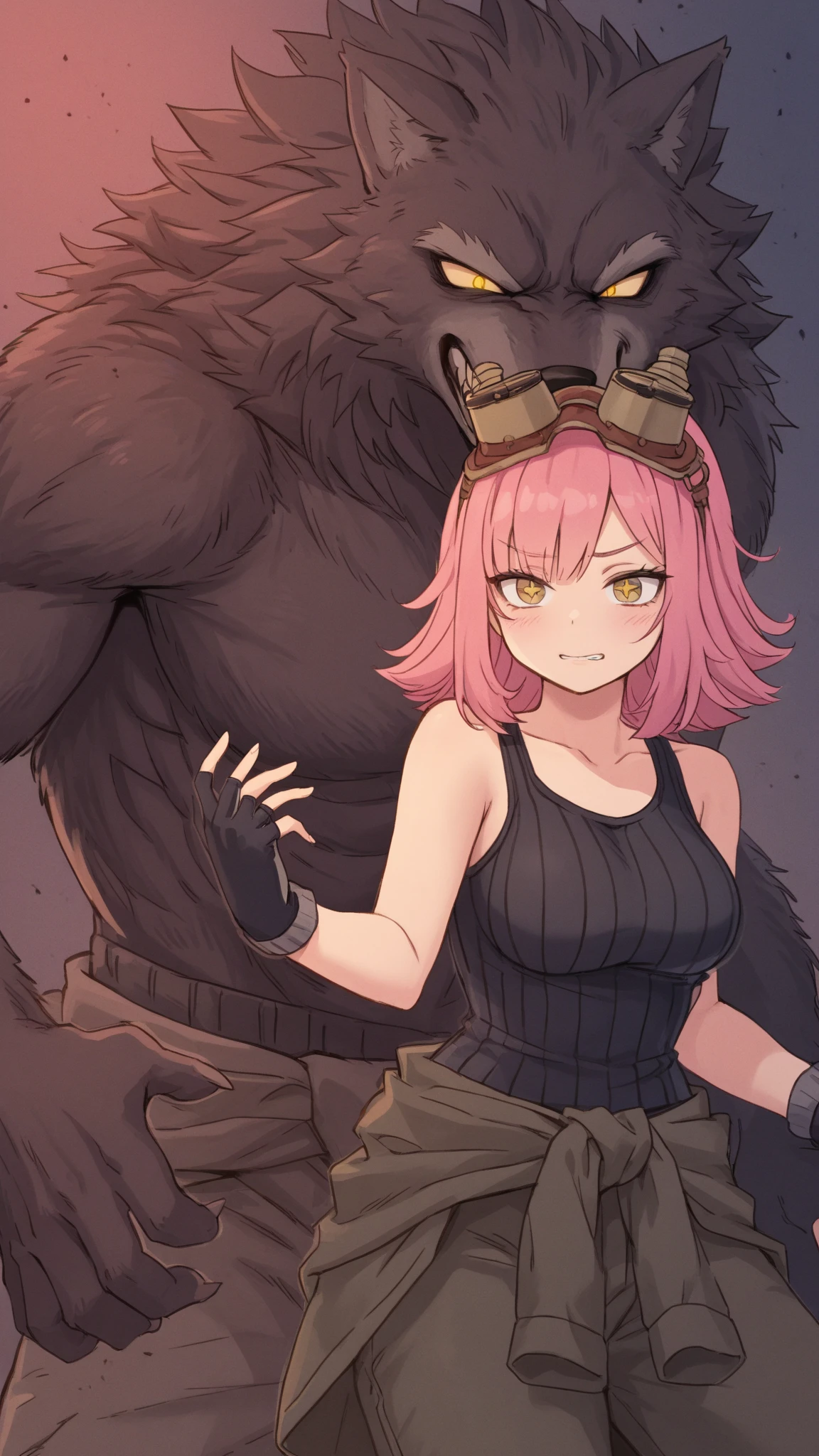 A lovely woman (in a cheetah print ninja outfit, cheetah ears headband, razor fist blades) is using her ninja training to run really fast, zooming towards a scared goblin warrior
