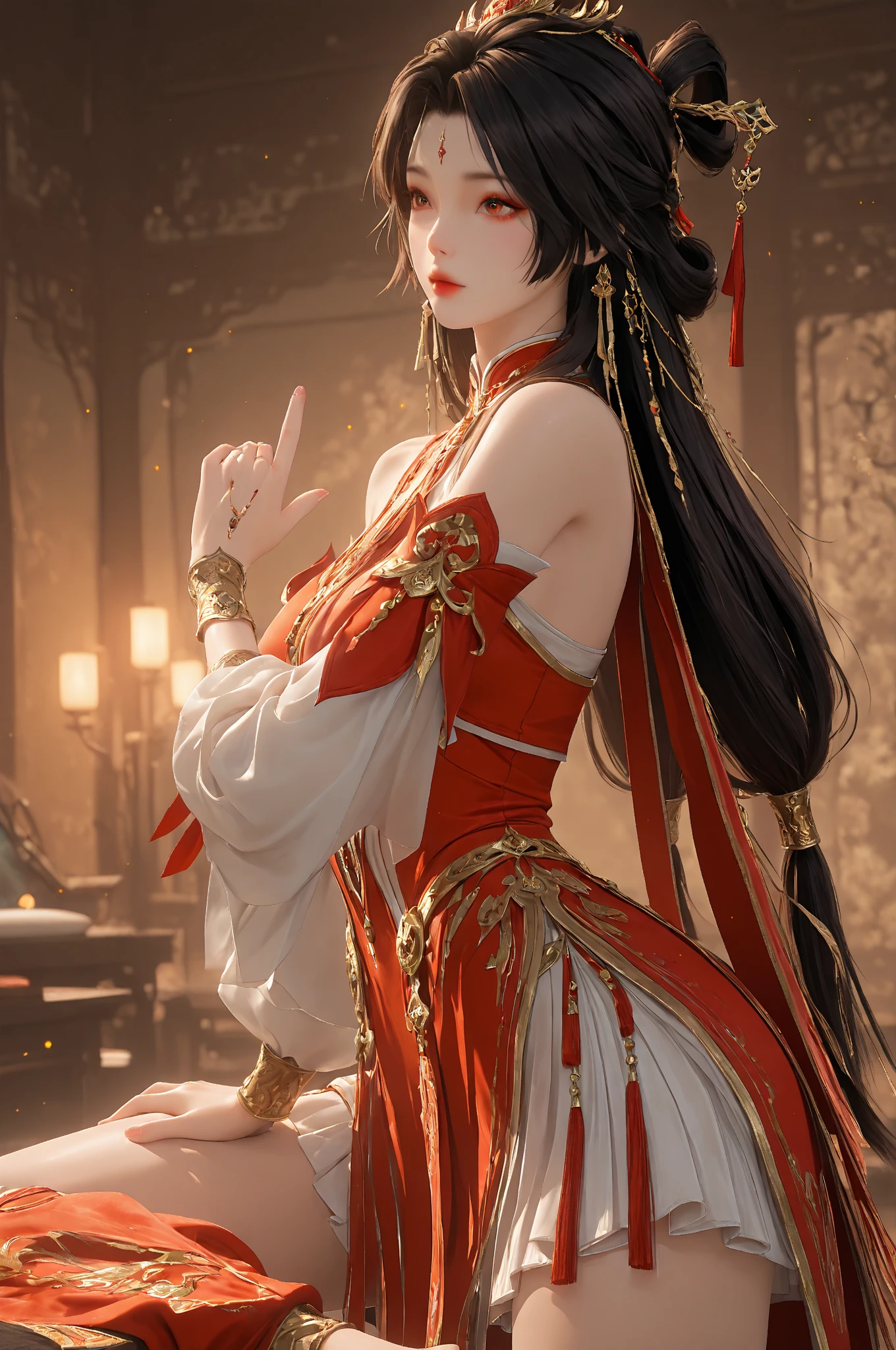 A serene Chinese ancient beauty kneels on a crimson backdrop, her hands pressed together in reverence as she whispers prayers to the heavens. Eyes shut in contemplation, her solemn yet breathtakingly lovely face reflects a deep sense of devotion. The fiery red hue surrounding her amplifies the intensity of her spiritual connection.