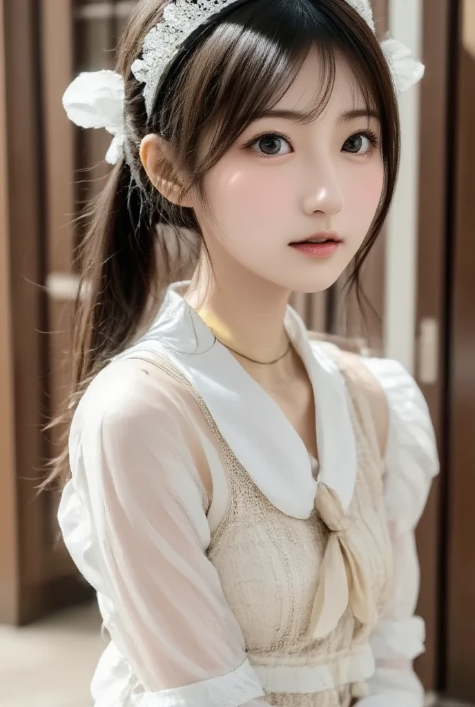 8K, of the highest quality, masutepiece:1.2), (Realistic, Photorealsitic:1.37), of the highest quality, masutepiece, Beautiful young woman, Pensive expression,、A charming、and an inviting look, Cute Maid Clothes, Hair tied back, Cinematic background, Light skin tone