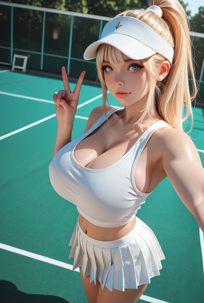 A beautiful mid-twenties woman with long, blonde hair up in a bun. She has big, blue eyes and delicate features, with a confident and dominant expression. She is in tennis clothes with her top off, reaveling her ???????. She is squting in a reavealing pose. The background shows a tennis court, and her outfit is sporty. The scene shows her whole body in action, rendered in a highly detailed digital painting style. The focus is on vibrant colors, dynamic lighting, and artistic details, capturing the energy and motion of the moment