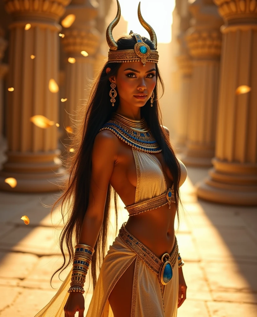 Beautiful demon, photoreaistic,((((futa)))), ((((brown skin)))), black horns on head, ((gold markings on face)), long gold hair, gold eyes, ((large )), pointy ears, fit. Wearing gold armor and white cape. Gold armor skirt. Pyramids background. Rear view.