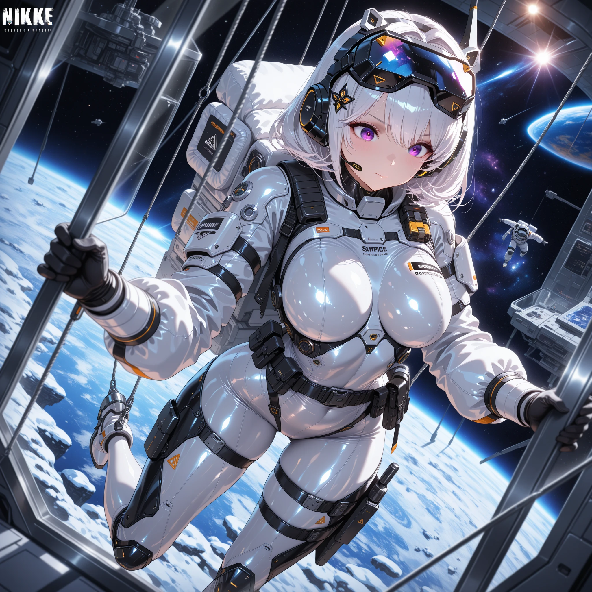 1 Girl, whole body, (space helmet):10,He has a large metal helmet on his head that covers his hair and eyes., tube, wire, She gets electrocuted, brainwashing,astrovest,bing_astronaut,blush,torogao,