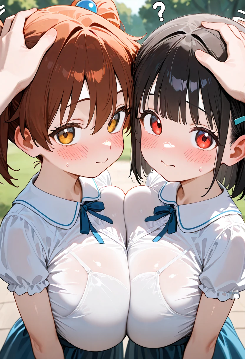 (masterpiece, Highest quality, High resolution, Super detailed, 8K, 4K),Full Body,(Very large breasts:1.6),Kitasan Black(umamusume),gigantic breasts,narrow hips,(:1.5),smile、Cherry blossom trees、Blue sky、Gal、(Wearing a collar:1.5)、Earrings、Earrings、Thin legs,(Beautiful Face:1.5)、Blue sky、(Deep kissing),Sweat、Drooling、(),(Two Girls),Upper body close-up、Pink 、Sticking out tongue、Are standing、lily、Lesbian、navel piercing、Cooperative Titty 、5 year old girl、(They are kissing)、Animal ears,Perfect 、Perfect ,Two bodies、、