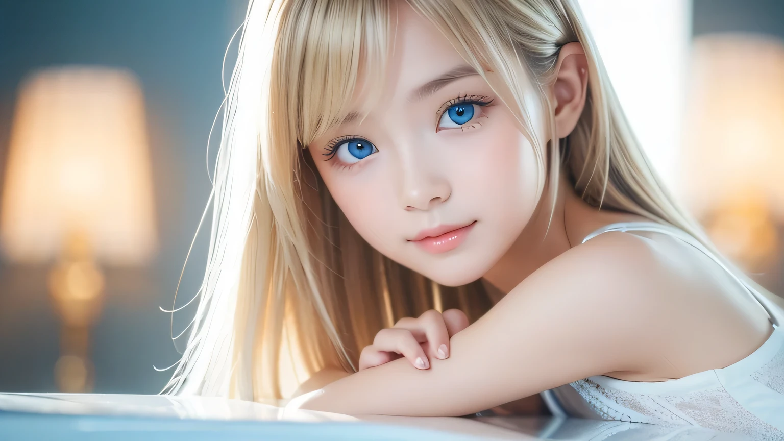 Portrait、、bright look、ponytail、bangs between eyes、bangs on the face、Young, shiny, white, glossy skin、gross face、cheek gloss highlight、best beauty、blonde reflection、Platinum blonde hair with dazzling highlights、shiny bright hair,、super long silky straight hair、Shining beautiful bangs、Attractive, beautifully shining, very bright, light blue eyes、very big eyes、Very beautiful nice cute 15 year old beautiful girl、rich bust、small face beauty、