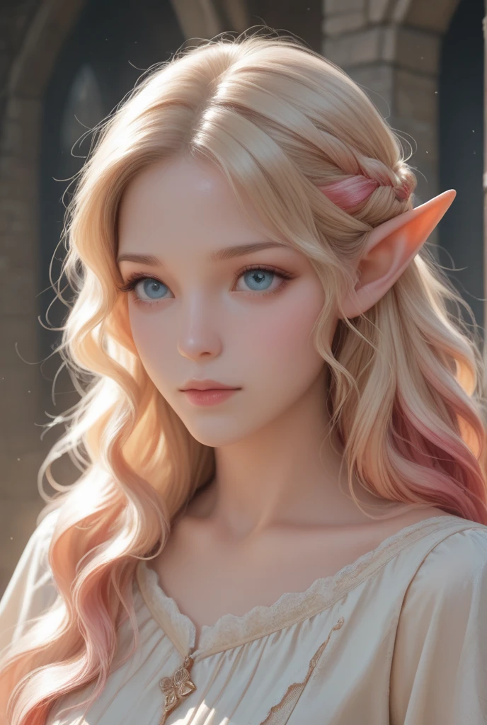 An elf with a reference sheet, featuring white long hair and violet eyes. The elf has a sweet smile with full red lips and an innocent look. The character has lush eyelashes. The artwork is inspired by Gustav Klimt and the style is by Mike Winkelman. The image quality is (best quality, 4k, 8k, highres, masterpiece:1.2) and it is ultra-detailed and (realistic, photorealistic, photo-realistic:1.37). The colors are vibrant and the lighting is carefully crafted.