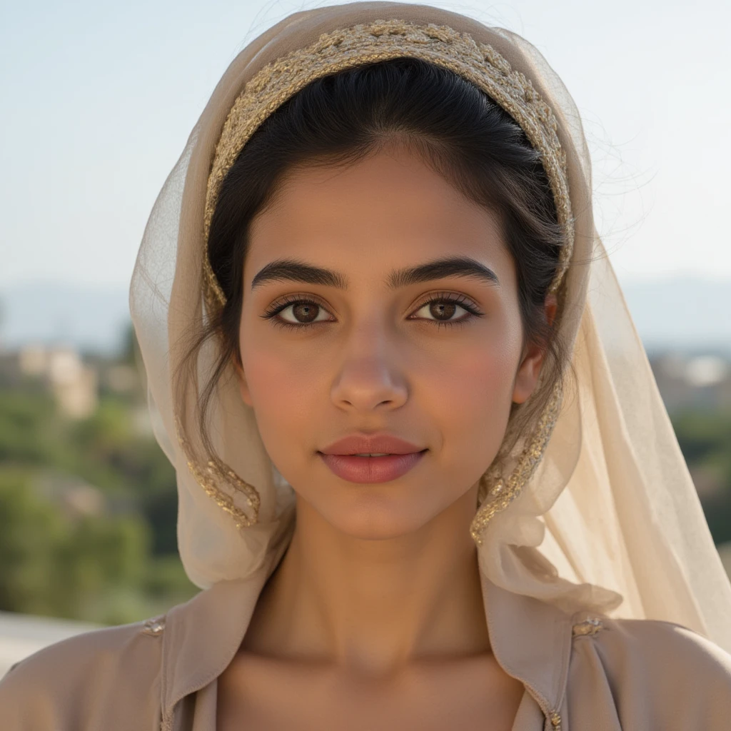 very high resolution, realistic Arab women, pink shirt, white teethes, cute smile, long brown hair, realistic facial details, modest, white skin