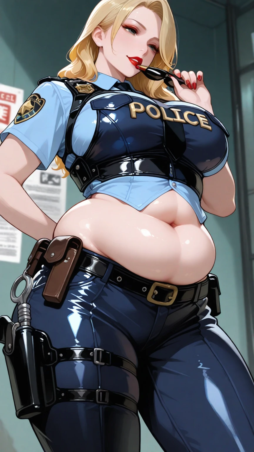 Score_9, score_8_up, score_7_up, score_6_up, score_5_up, score_4_up, source_anime, 1girl, cute girl, police uniform, sleeveless, sagging gigantic huge biggest ???????, wide ????, thick thighs, huge ???????, ?????? slip, dark ??????, dark ???????, detailed eyes, blushing, annoyed look, ???????, head tilt, hairy stomach hair, showing armpit, hairy armpit hair, ?????, Japanese, cute Japanese, ??????, ?????, sweating, heart mark words, ???????, ?????? atmosphere, ??? shot on wall, in street, night, neon signs, slam, police car, hands on waist