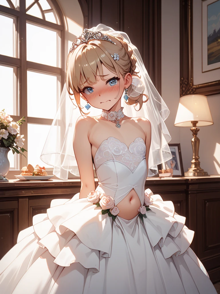 (), (perfect , balanced proportions, extremely cute illustration:1.1), public restroom, brown hair, brown eyes, long hair, twintails, hair ornament, (arms behind head, armpits), (embarrassed, crying hard), (wedding dress:1.5), baby face, cute round face feminine body, well-proportioned, healthy figure, smooth skin, slender arms, soft curves, high-quality details, facing forward, eyes looking straight ahead,