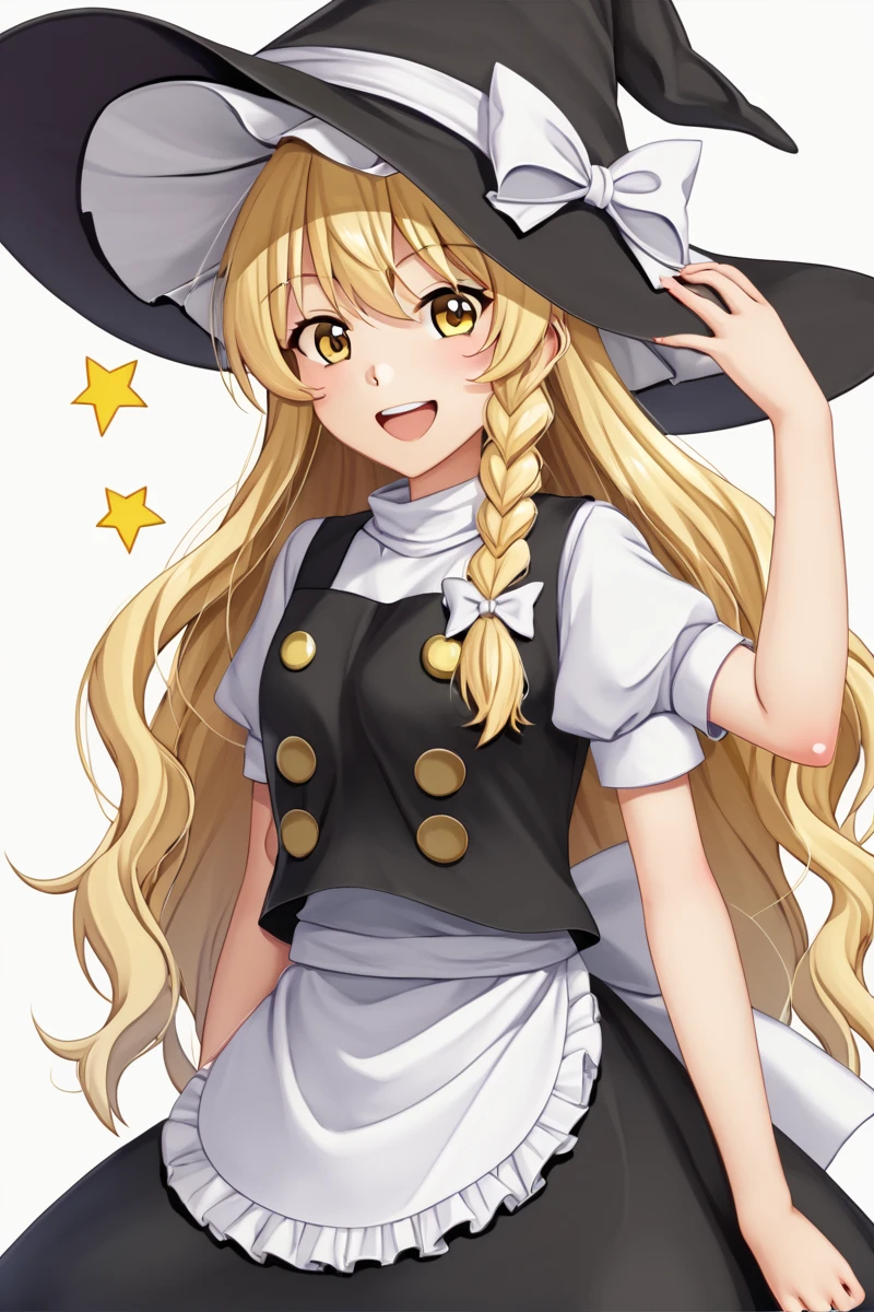 witch girl anime girl anime illustration anime halloween anime anime girl, 1girl, kirisame marisa, hat, solo, blonde hair, style parody, witch hat, yellow eyes, broom, long hair, alphes (style), apron, parody, bow, white bow, hat bow, full body, smile, shoes