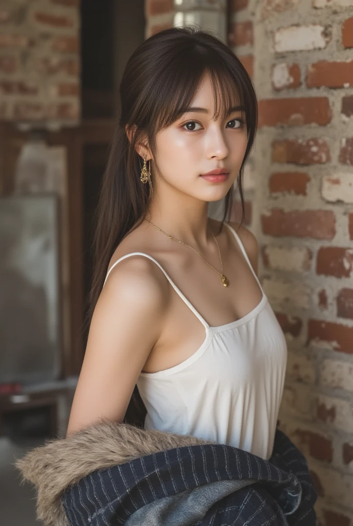 Apartment hallway,Hairdresser,((full body)),((photo)),((best qualtiy, 8K, tmasterpiece:1.3)), Focus:1.2, perfect figure beautiful girl:1.4,1girl,cowboy shot,look at viewer,incredibly absurd, beautiful and cute girl with a photorealistic face, showcasing top-quality craftsmanship, A Japanese woman standing in front of the door to her apartment, 23 years old, short hair, bangs straight above her eyebrows in a simple bang, soft waves, light brown hair, fair skin, clear skin, baby face, round double eyelids, light brown eyes, long upturned eyelashes, small straight nose, small mouth, plump lips, beautiful teeth, dimples, soft skin, , delicate, plump, A-cup small breasts, beige loose silhouette dress, brown sandals, small gold earrings and necklace, cigarette, beautiful girl, pure, soothing, husky voice, calm, curious, laid-back, April