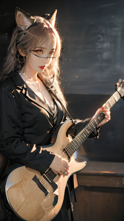 A woman in her fifties taking a photo with a guitar, artwork in the style of Gwaiz, Jan J, Gwaiz, 🌺 society, Gwaiz masterpiece, guitarist, Girl playing guitar, Guitar solo, Gwaiz on pixiv artstation, Gwaiz on artstation pixiv, Inspired by Yanjun Chen