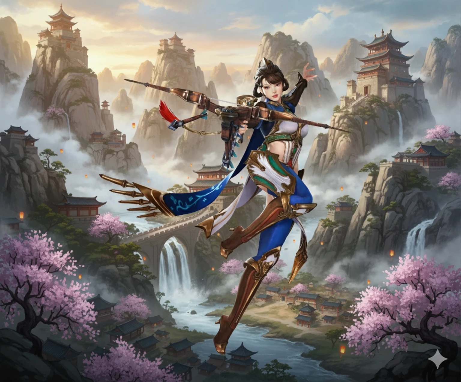 Aravud image of a woman holding a bow and arrow, inspired author：Cold plum, yun ling, Anime girl holding a bow and arrow, Inspired by trees, Female Archer, author：Yang J, April Rendering, g liulian art style, author：Cold plum, Lineage 2 Style, by Qu Leilei