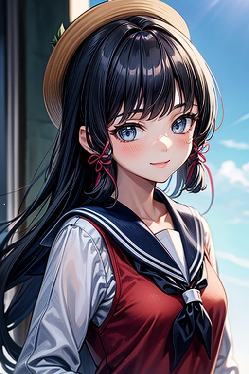 anime realist, (((masterpiece))) ( Background : outdoor theme : bright : crowded cuty ) ( character : meiling : long smooth hair : fit body :  : small breast : innocent smile : wearing ), , hair bun, black hair, , twintails, double bun, long hair, open mouth, hand on hip, brown eyes, pleated skirt,, white sailor collar, white skirt, bangs,, looking at viewer,