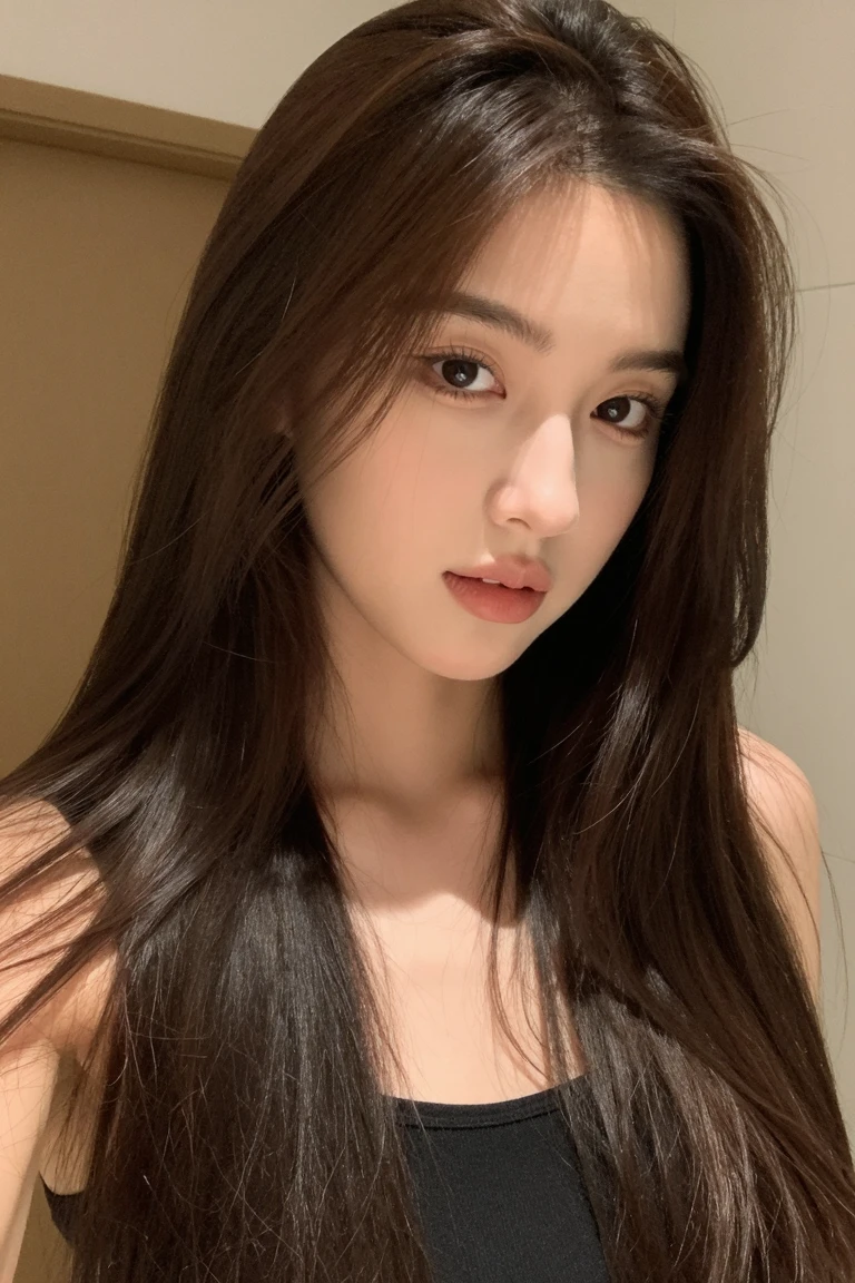 Selfie, Big breast, big ,(The ultra -The high-definition:1.5)(ultra-detailliert:1.3) (ultra-quality) (An ultra-high picture quality:1.5) (rialistic photo:1.3) A Japanese Lady　21years old　((detailed and beautiful faces:1.3)) ((realistic skin textures:1.3)) ((Precise, high-quality eyes:1.3)) ((The beauty of detailed and high quality ears, Very fair and  skin:1.3)) ((Beautifully groomed straight long hair:1.3))Complete body　beautiful proportion　(Thin sleeveless shirt in fabric)　The background is the inside of a cafe at dusk..　Beautiful, Luxurious and stylish interior　((Happy viewer's eyes)) Wet lips ajar　 Colossal tits　unclear　kawaii