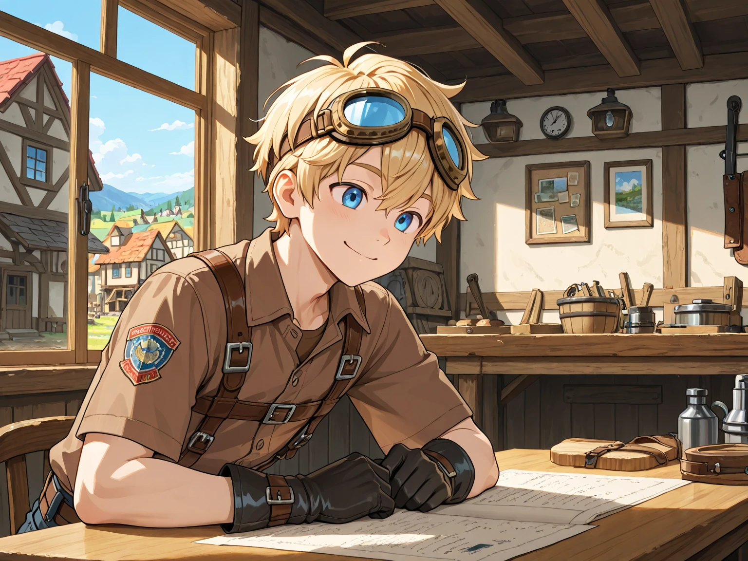 Antonio is a 10-year-old boy with light hair that shines in the sun, eyes as blue, smile, darkest, He was known throughout the village for his energy, Antonio at home, looking at the map curiously. The illustration must show details of the map. The main focus should be on the map. Use detailed lines to show the map's intricate designs