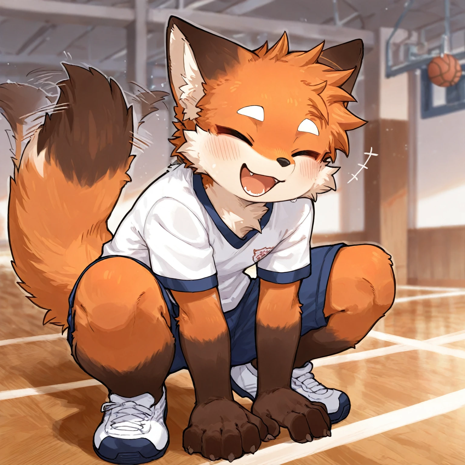 mobian, hedgehog, two-tone fur ((orange fur, brown fur)), basketball attire, , high-top sneakers, two-tone hair (brown hair, black tip)), curly hair, halo, sunglasses, jewelry, red eyes, longeyelashes, red eyes, smile, shy, blush, high detail, masterpiece, UHD, anatomically correct, super detail, highres, 4K