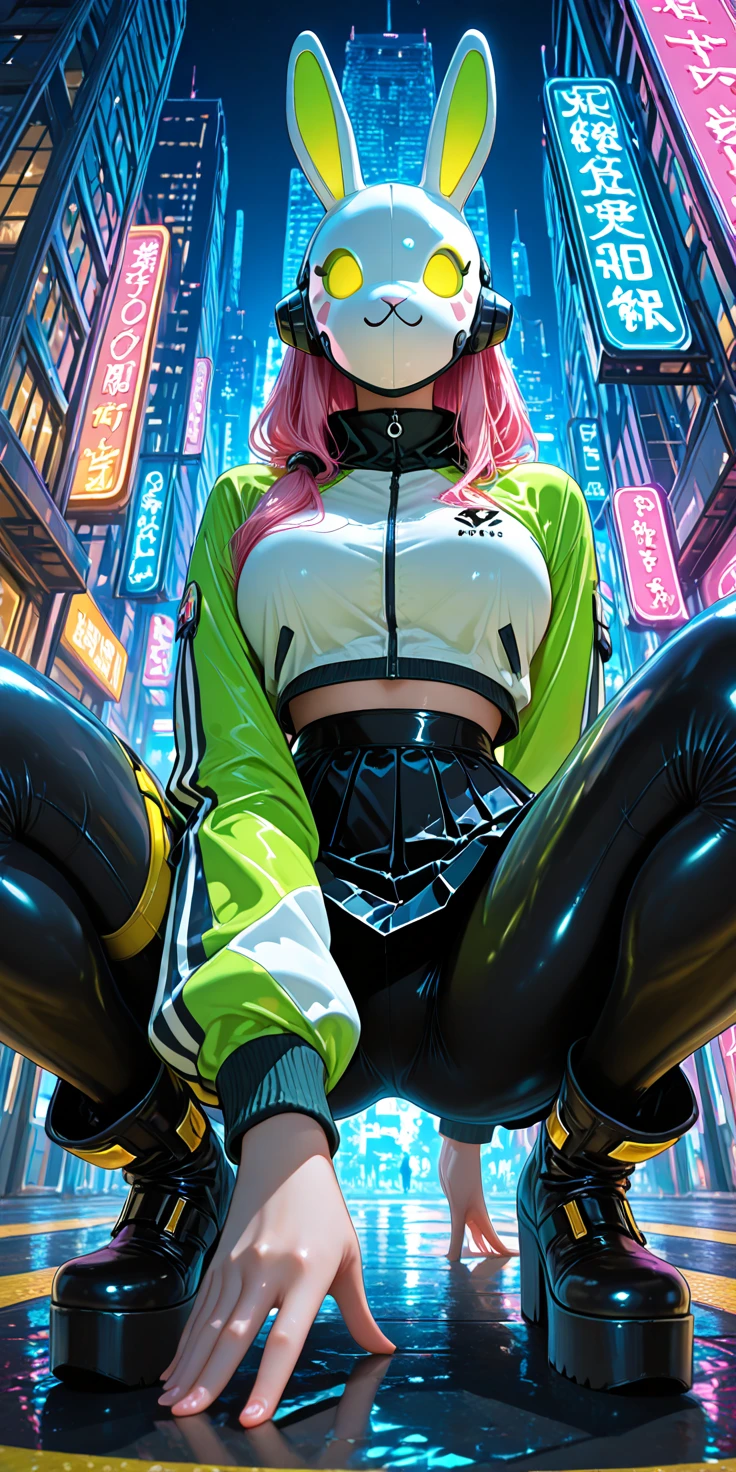 masterpiece, highest quality, realistic, subsurface scattering, chromatic lighting, Color, red + green + blue + yellow limited color palette, detailed concept diagram, cyberpunk, future, 18 years old 1 woman, big soft breasts, ,  jacket, anime face, big eyes, cyberpunk Tokyo Street, Japan beautiful girl, beautiful ass, angle from below, back view, 8k, Akihabara, one girl, white skin, moist pink lips, cute smile, no background person, electric town of the near future, twin tails, gentle eyes, high school girl black  showing a little pants, ultra-thin  VR goggles in the forehead position,