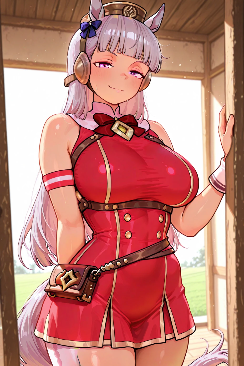 Outdoor、Racecourse Turf、Red sleeveless、Cleavage、Areola、Underarm、Sweaty、blush、smile、Big Breasts、Run、Obscene pubic hair、Pussy spreading and showing off