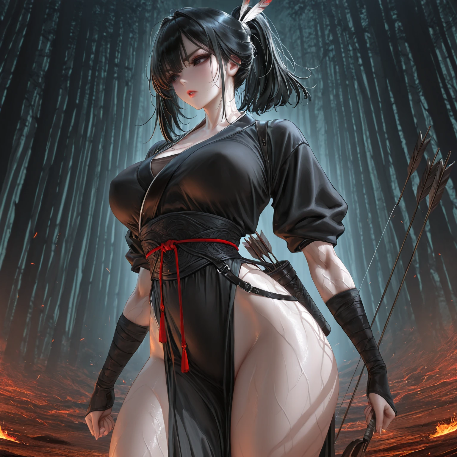 (high quality, 8k, 4K, high contrast, artwork:1.2, high quality, best aesthetics), (dynamic angle), ((1 woman)), , sensual, mature body, super detailed, beautiful face detailed, beautiful eyes detailed, detailed beautiful mouth, sexy body, perfect breats, perfect wide thighs, black hair, short black hair, ponytail hair, red eyes, serious  expression, women's black ninja kimono with red clouds printed, black fishnet pantyhose, black lipstick, kunoichi, ninja girl, forest, standing,  posture, centralized, looking at the viewer, front view.