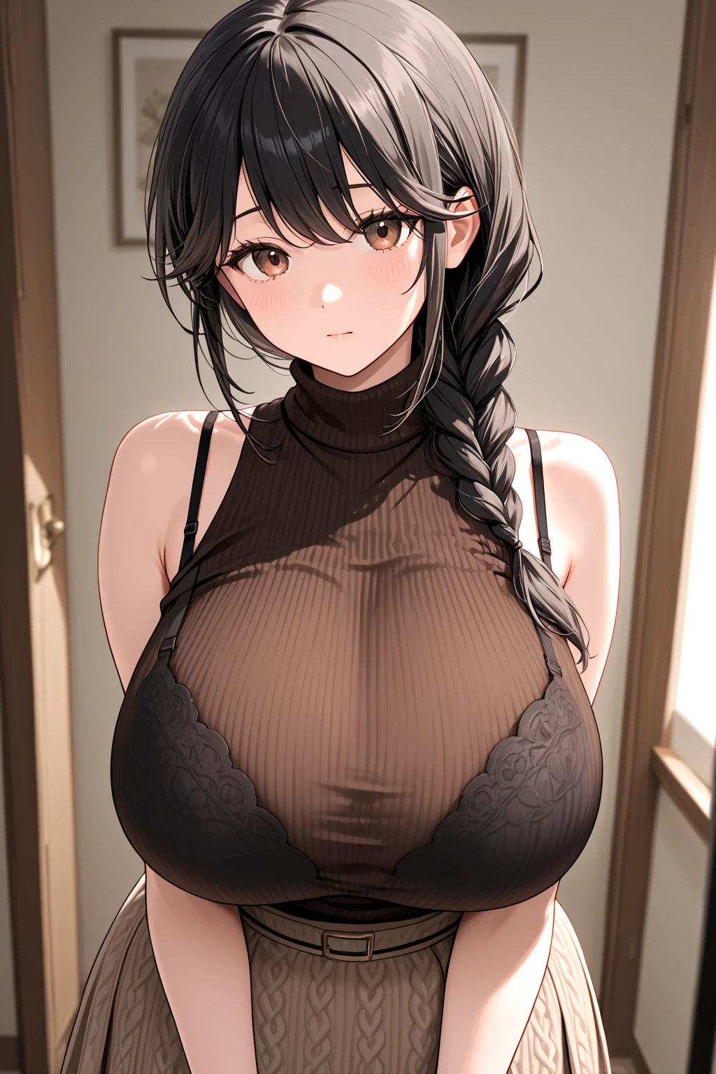 mature beautiful wife，Big breasts，whey，Shy，Face red，The room is dark，Covered in white mucus，stockings，Close eyes，pant，earrings，lipstick，Black Hair，Clothes are thin，side braid，Sweat，Orange lace，Orange lace