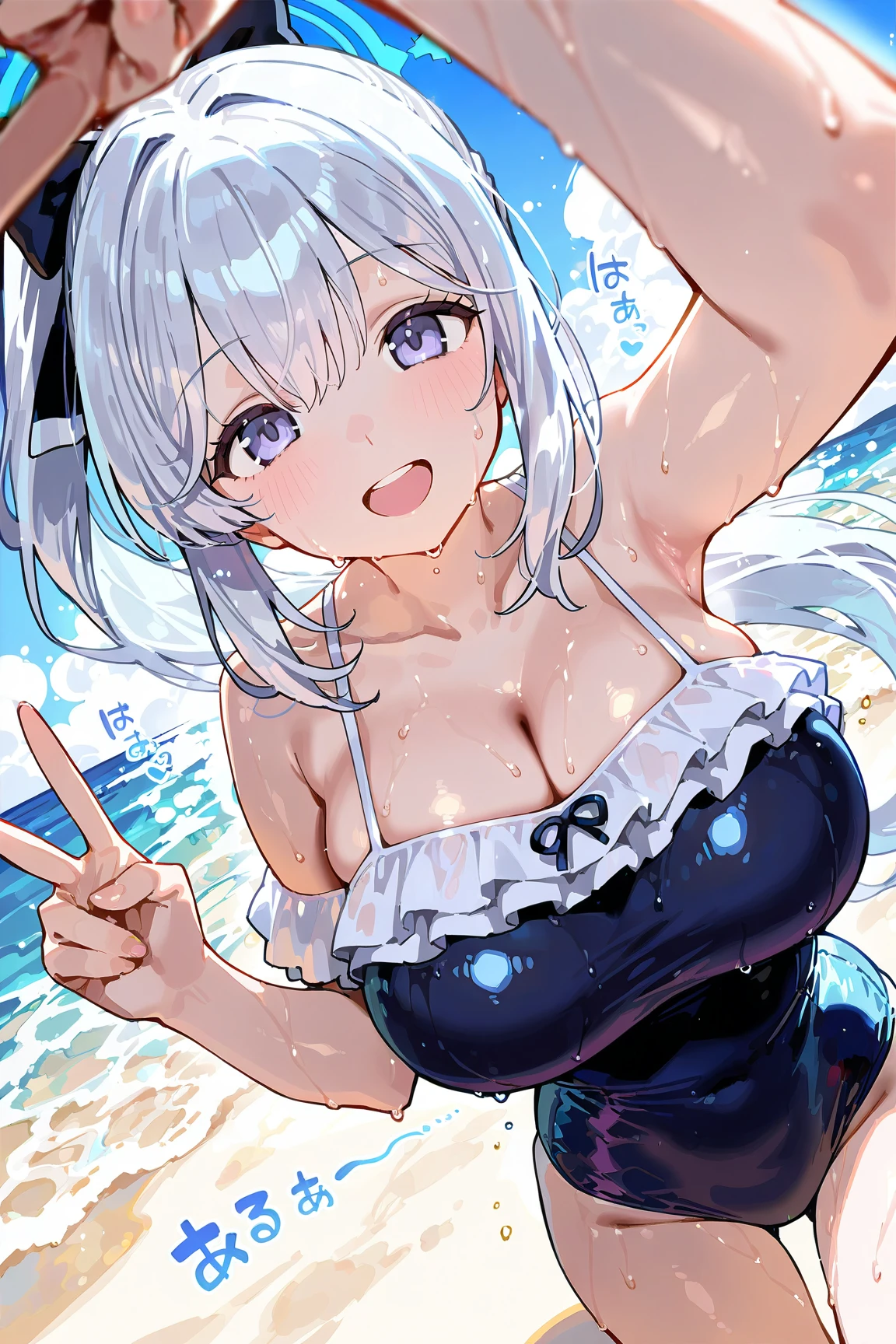 a cartoon girl with big bunny ears wearing swimwear giving the peace sign, 1girl, ???????, blue eyes, solo, animal ears, navel, v, ?????????????, eyewear on head, ponytail, grey hair, jacket