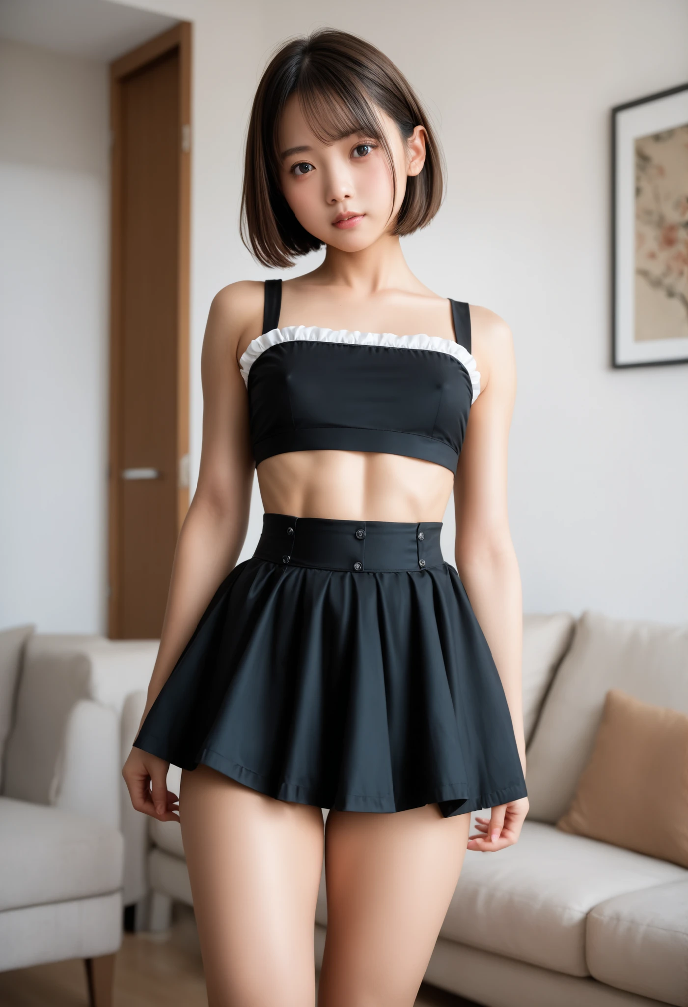 Two 10-year-old, Japanese elementary school girls, 110 cm tall and small titsed, (Flat chest), are walking to school wearing Baby blue  high cut skirt, Baby blue  high cut tank tops, (navel-baring), and carrying randsel,