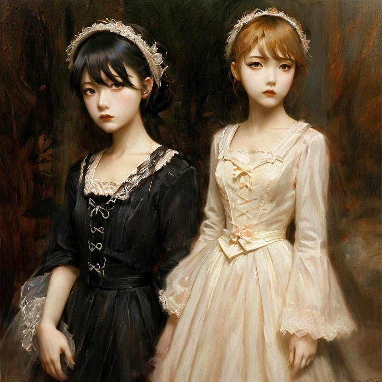 On a bright red campus"YES"Character、Beautiful  Illustration Homepage Illustration Style, Dark, High resolution, Hard-touch illustration, strong contours, Two girls, Gothic & Lolita style, Gothic & Lolita Fashion, 8K, American comic book style, Colorful background, Hiroyuki Nagasaka, aggressive, Beautiful face, Cool Beauty, Dress, Beauty style, Rainbow Color, buttle, hard illustration, brown haired, two people, Halloween, Rose, Backwards,