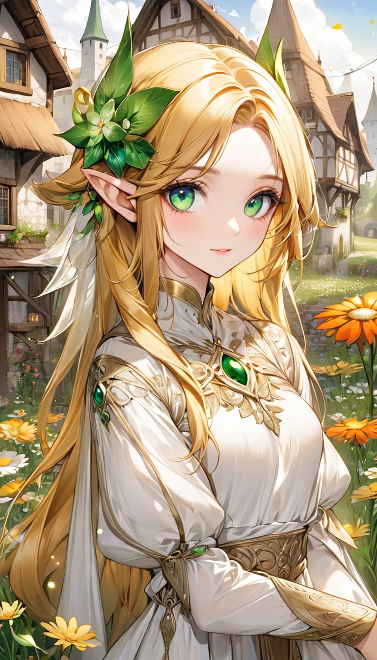 (((Masterpiece, highest quality, high definition, high detail)))), ((((Fantasy))), One, (Elf woman)))), (White short skirt with gold embroidery), (Blonde long straight ponytail), (Glossy dark green eyes), (Green surcoat embroidered with gold), (Green cape with golden embroidery), Big, (sits on the root of a large tree)), ((Close eyes)))) ), ((Put your hands on your )), (sing)))), tilt your head, (breeze), lots of glowing butterflies flying, glowing notes rush through the sky
