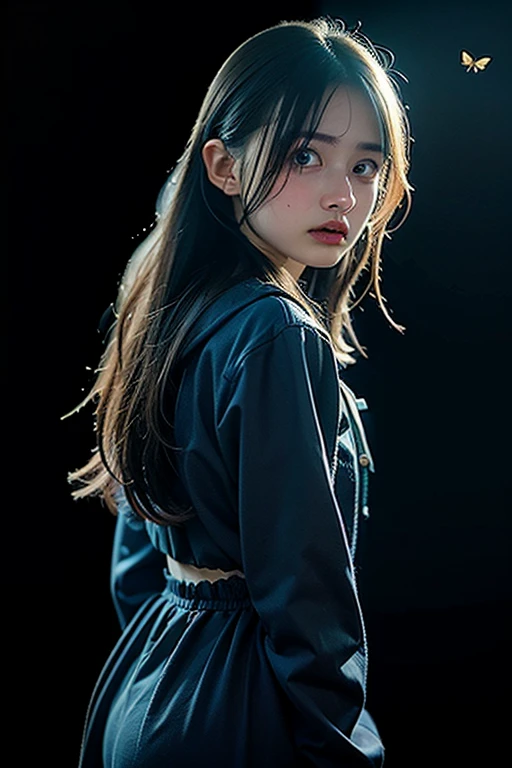 Dark night atmosphere, 16 year old girl, sad face, living doll youngful face, pale white skin, rosy cheeks and lips, big blue eyes, bang, wavy black hair, bob haircut, mugshots, wearing sweater, school skirt, Baghdad view at night, clearly background