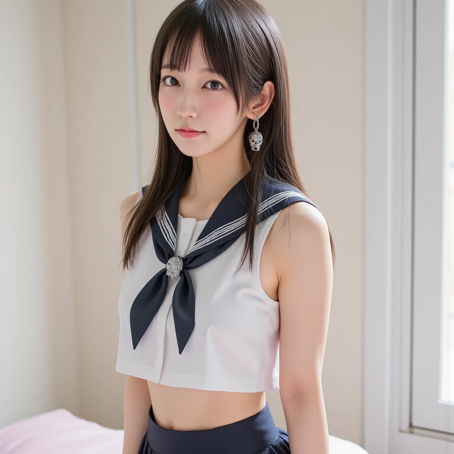 highest quality、masterpiece、High resolution、4K、real 18 year old woman、summer clothes、sailor suit、pleated 、cute room、belly button、smile、short hair、1 girl、
