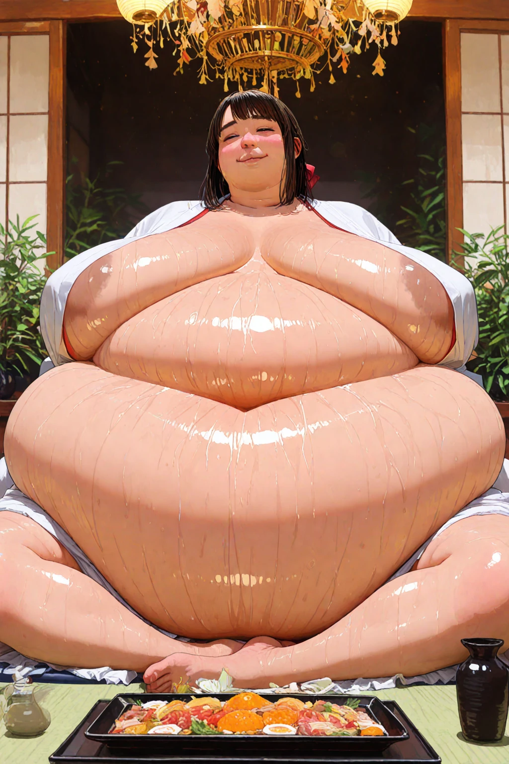 Aubrey Plaza, short black hair, one girl, solo, choker necklace, realistic, lots of detail, blushing, embarrassed, outside, in neighborhood, wearing blue jean shorts, blue plaid crop top, standing in garden, holding ???????, holding her ???????, emphasizing her ???????, emphasize ???????, obese belly, obese face, obese body, obese arms, obese legs, (obese belly:1.5) ????????????, (obese ???????:1.5) lactating ???????, (lactating ???????:1.5)