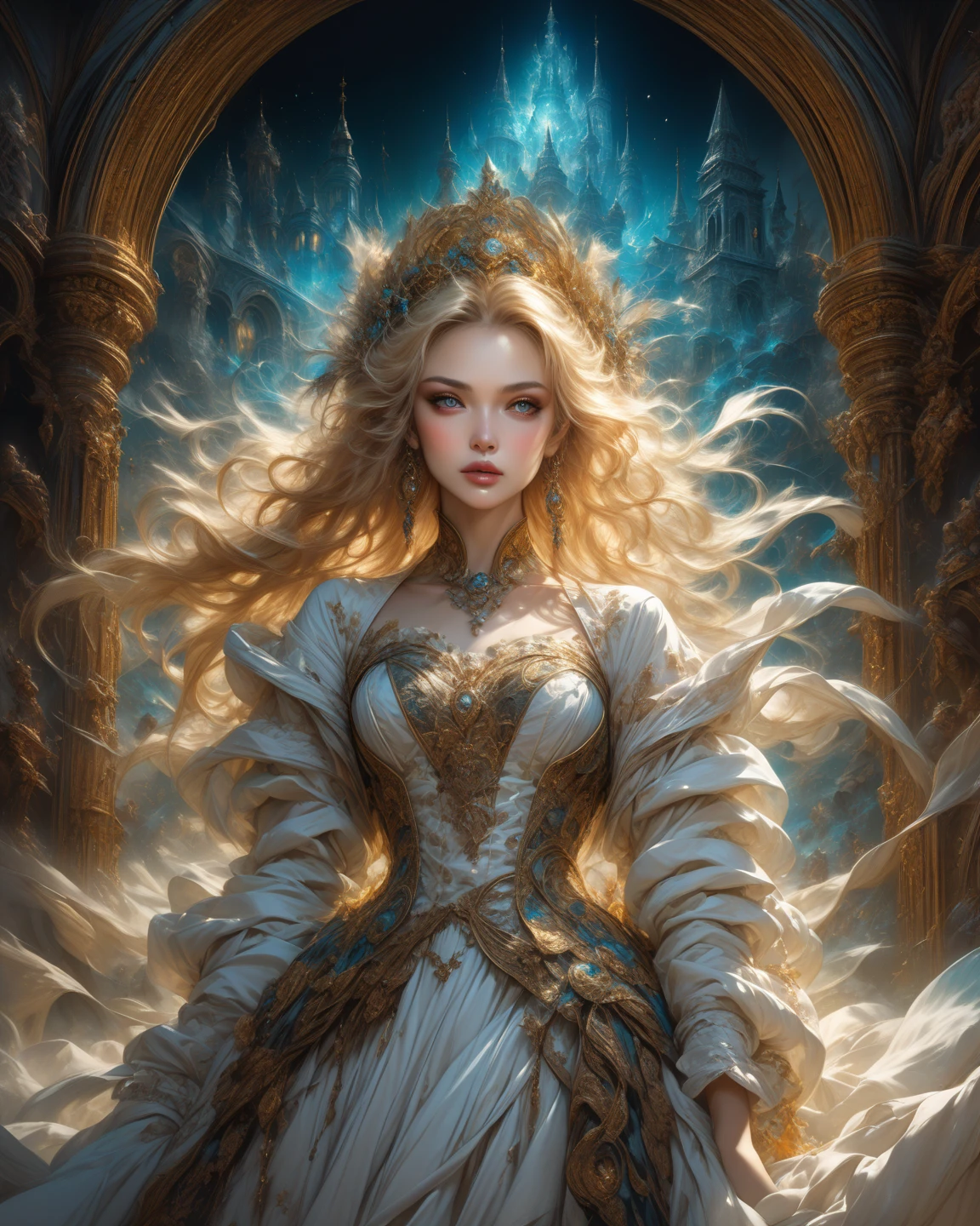 pale androgynous guardian angel, sad face, tears running down her face, white hair with a golden tiara, sitting in a window looking at the street where shapeless specters pass, above her head a blue-green halo, large breasts, with a white cloak (slight cleavage , royal golden details, mystical symbols)