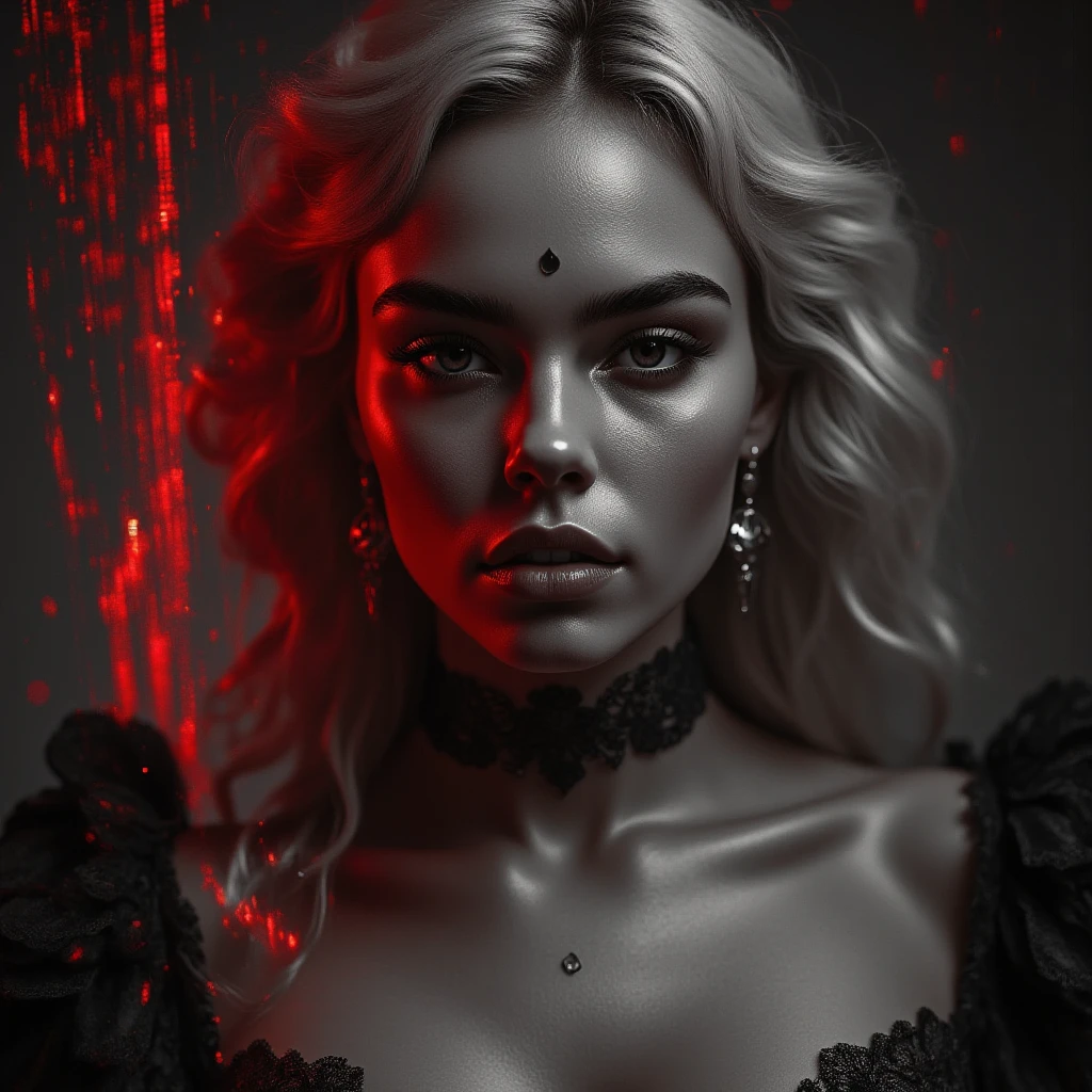 
Create a realistic 8K image of a Blonde Green Eyed Gypsy with an average age of 30 years old. She is very beautiful, elegant, charming and attractive with an intimidating posture. She is dressed in a black outfit adorned with red roses over her outfit playing tarot cards. The setting includes lit candles, creating a mystical atmosphere with vibrant and striking colors. The scene must have an atmosphere of mystery and charm, she needs to have her hands on the table focused on her cards, which are spread out on a table in front of her, the gypsy is looking directly at the camera, her posture is straight towards the camera