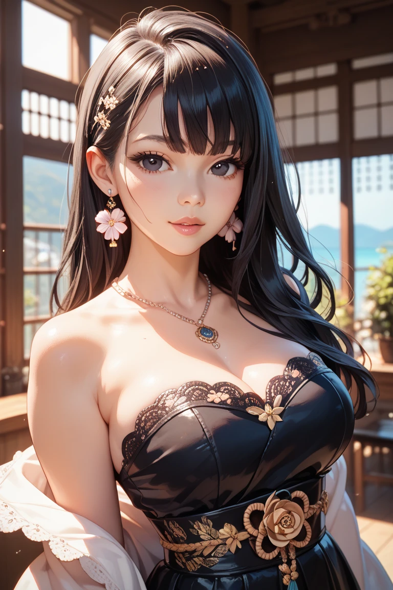 （（（heather rose tartare, Through the bangs, Side Lock, hair band, Red pupils, hair band, Black Hair Color,Lop, b shoulder,  clavicle, Black long dress，hang the pendant near your neck，S-shaped body:1.7））），((masterpiece)),High resolution, ((Best quality))，masterpiece，quality，Best quality at best，（（（ Exquisite facial features，View your viewers,There is light in the eyes，With a smile，Confident ））），（（（Light and shadow intertwine，Huge ???????????））），（（（1 Sister， Dynamic Pose, 1 girl, (Complete diagram:0.9), Own,Human body silhouette， ((Because it's good)),Girl posing for a photo，24 year old female model，Perfect legs、Perfect arms on your back，plum)）））