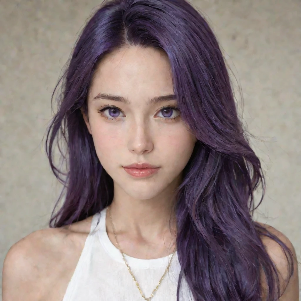 Woman, long purple hair, blood on her face, blue eyes, smiling