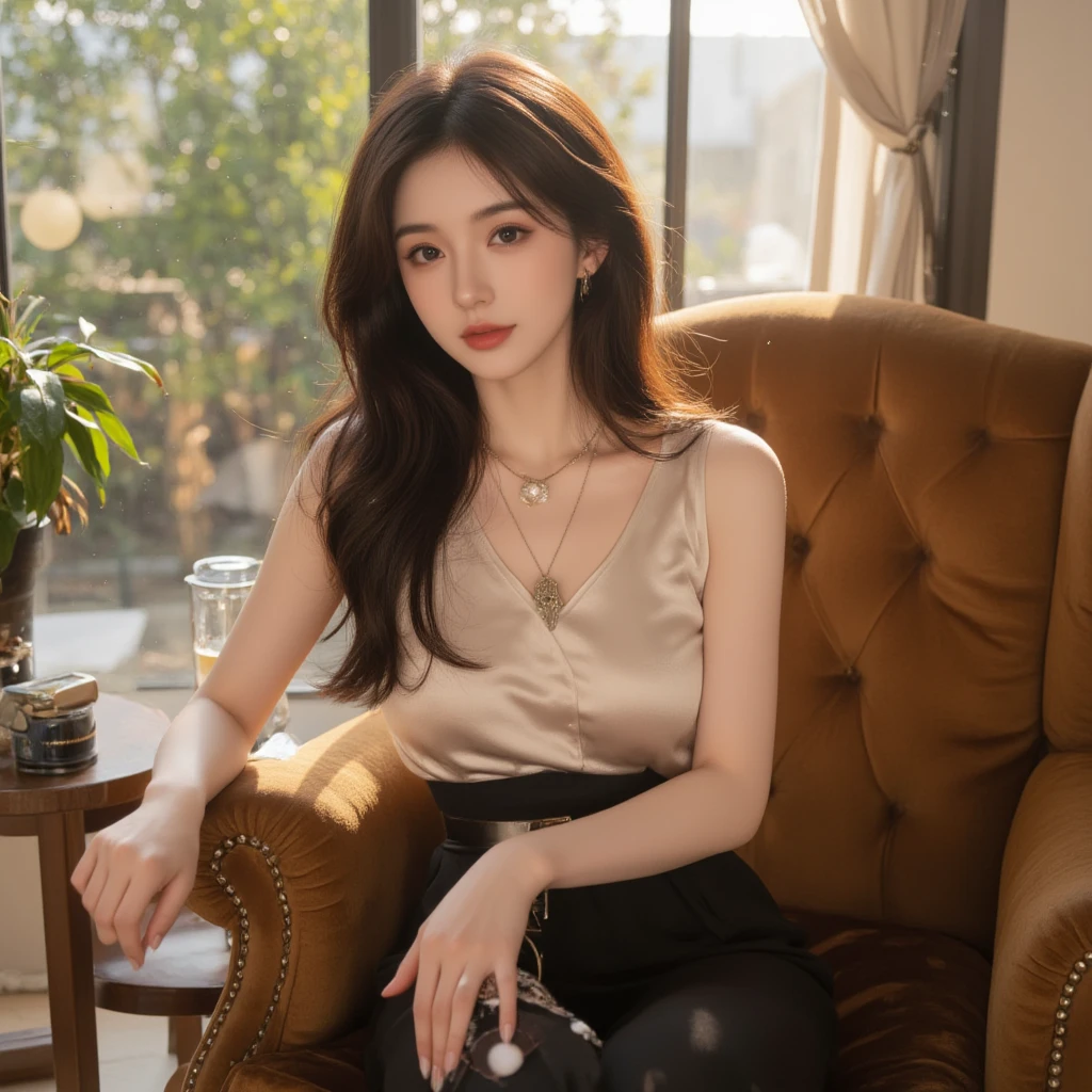 1girll，Lying on the brown leather sofa，Lazy styling，cabelos preto e longos，(Cold and glamorous:1.6)，Big eyes，White color blouse，Medium ，Overlooking the perspective，k hd，the night，There is a light source，