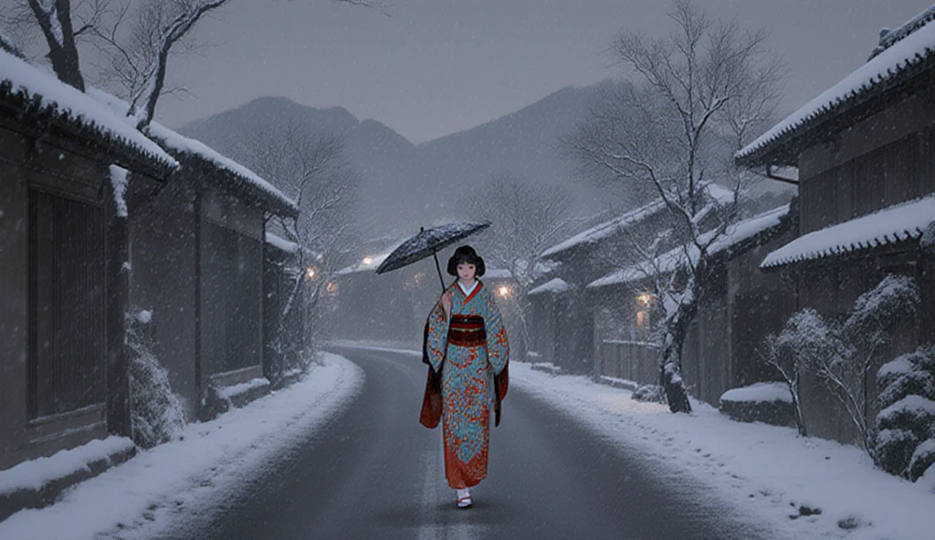"Snow-covered Japanese street at night, lit by an old lamppost. Heavy snow falls from the dark sky. A lone figure in a traditional white kimono and holding a purple umbrella walks down the path. Blood is splattered across the snow, staining it crimson from a recent violent samurai battle. Swords and broken armor are half-buried in the snowdrifts. Dark, atmospheric, cinematic composition, with strong contrasts between the pure white snow and vivid red blood. Realistic style, inspired by classic samurai films, moody and haunting."