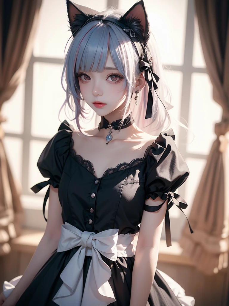 (8K, RAW, Professional, Best Quality, Masterpiece: 1.2), (Realistic, Photorealistic: 1.37), Ultra Detail, (Portrait), (Best Detail Skin: 1.2), (Best Detail Face: 1.2), Cinematic Lighting, 1 Girl, (Masterpiece), (Best Quality: 1.0), (Ultra High Definition: 1.0), Detailed Illustration, portrait, detail, girl, single, 16 years old, detailed beautiful skin, slender, face focus, dim light, harsh theme, constriction, full , random hairstyle short hair, ultra high definition face, detailed eyes, mine system, goth , white thin soft clothes, choker, braided short boots, taut pointed, hair ornament, idol group uniform
