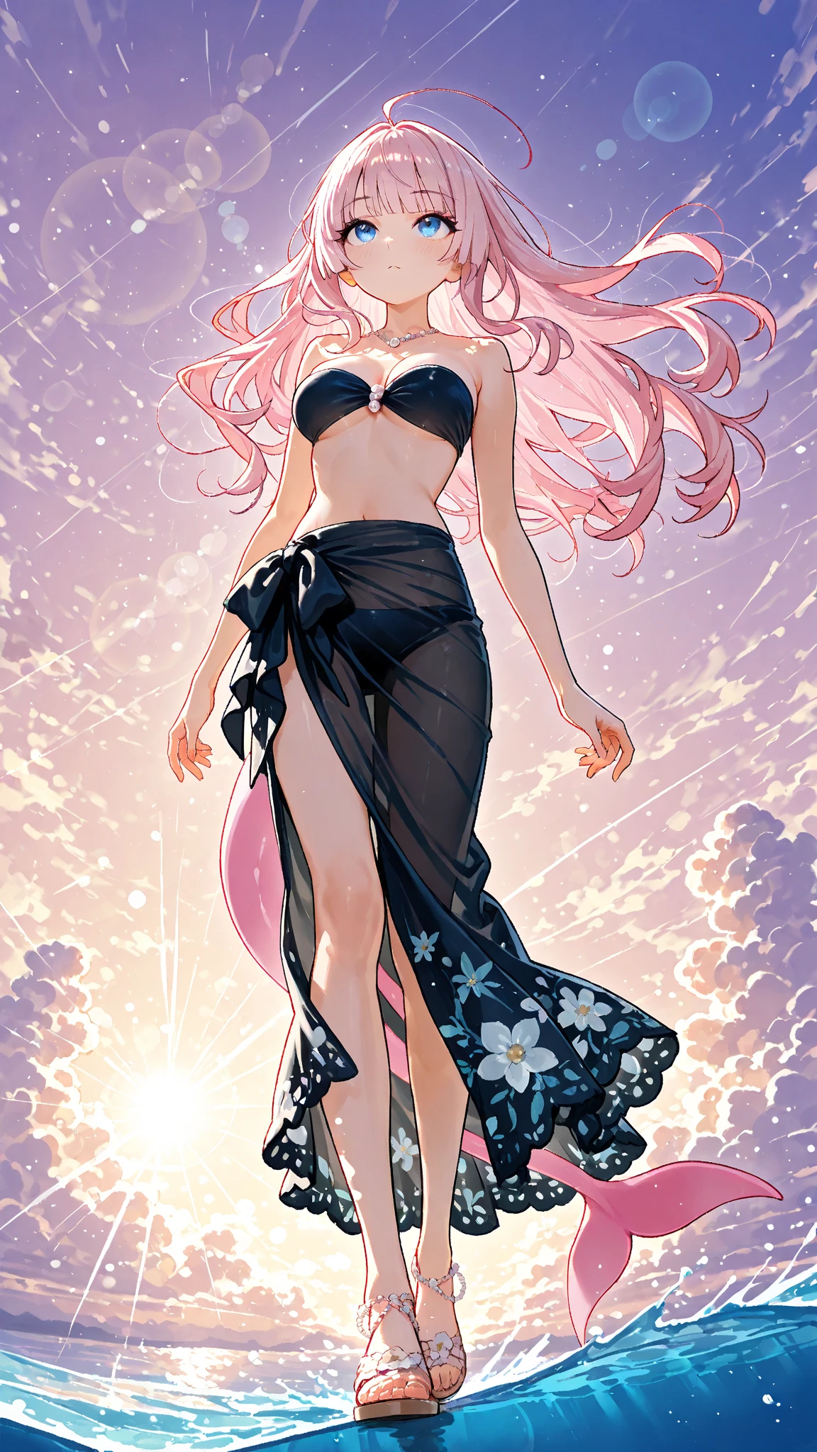 Anime girl with pink hair and rabbit ears with a pink leotard, pink eyes, shy blush, legs, thighs.full body, barefoot, feet,