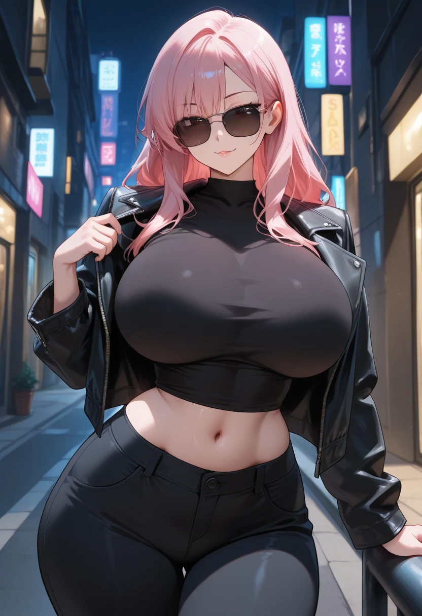  a scared and embarrassed redheaded woman, hair in a ponytail,  super detailed bright eyes, detailed face, full lips painted red, chiseled physique and wide hips. She wears a closed black leather jumpsuit, whose shiny surface accentuates her shape. A windbreaker with a hood and a neon pink interior covers your shoulders. Walking down a busy street, she attracts glances from onlookers. This image exudes realism, capturing the essence of a fragile and embarrassed figure. Digital art, high definition and photorealistic technique