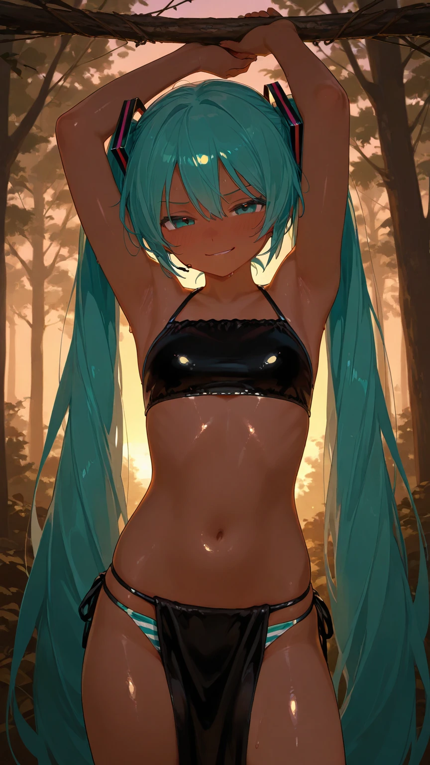 (high resolution, upper body, soft skin:1.2, green twin tail),(best illustration,masterpiece:1.2),ultra-detailed,[(cat ears , green inside:1.2, green eyes),vivid colors,sharp focus,portrait,studio lighting,bokeh, wearing a 2 piece black bikini, midnight beach background, spotlight in background, hands on hips