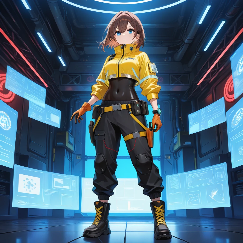 Black workwear jumpsuit、Costume with glowing yellow-green linesを着た女性, cyber punk, Hard Rock Metal, Mosh Pit, (Highest quality,4K,8K,High resolution,masterpiece:1.2),Live Stage、Costume with glowing yellow-green lines、Large sunglasses,Punkish hairstyle、Full body portrait、dynamic dancing
