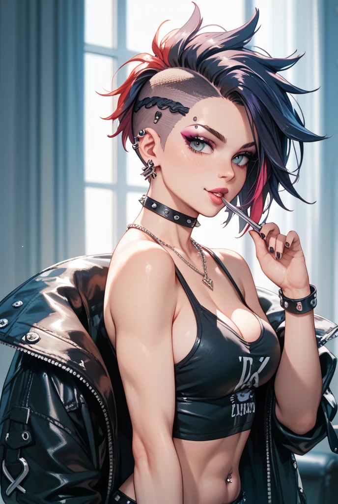 (Masterpiece:1.2, Best quality), (real photo, Intricate details), (1lady, solo, Upper body, small breast) ，all body，clothes：advance guard，advance guard，Experiment with appearance：Shave your head or bold hair color，Dramatic makeup，Unconventional fashion choice behavior：rebel、Not conformist、Provocation location：Urban Arts District、Underground music venues Hobbies：Take part in a punk show、Create mixed media art、Try different subcultural values：personality、authentic、Creative expression of inspiration：Punk rock music、Counterculture icons，Avant-garde art movement character traits：daring、daring、act outside the box。