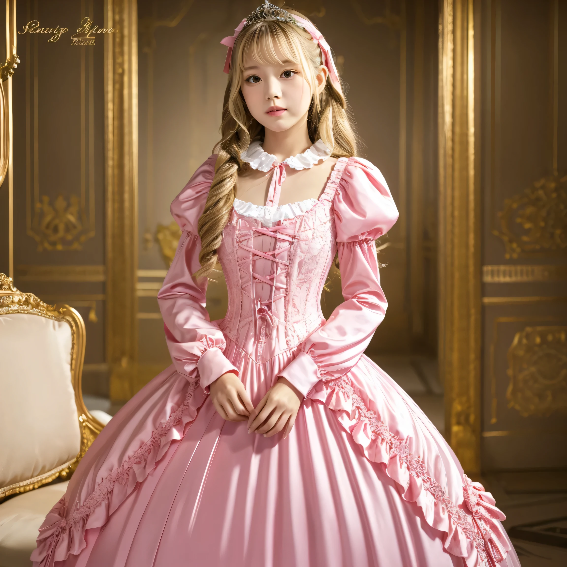 A 6-year-old beautiful girl painted in an oil painting style reminiscent of an impressionist painting. She is fair-skinned and, With long blonde hair、She is wearing a gorgeous Rococo dress. The backdrop is a magnificent, gorgeous, cinematic palace.