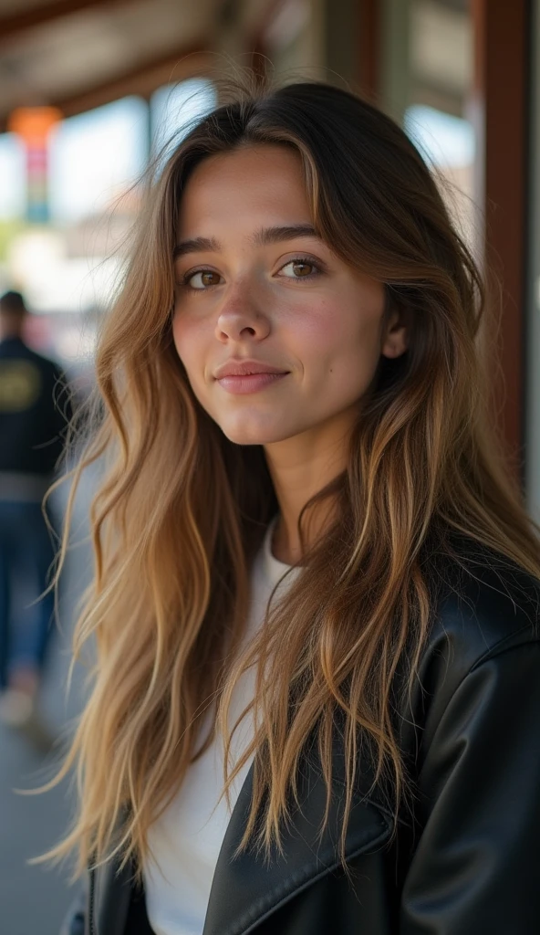 I want you to make a girl of Argentine origin and blonde, light brown eyes, hip-length hair and pretty.