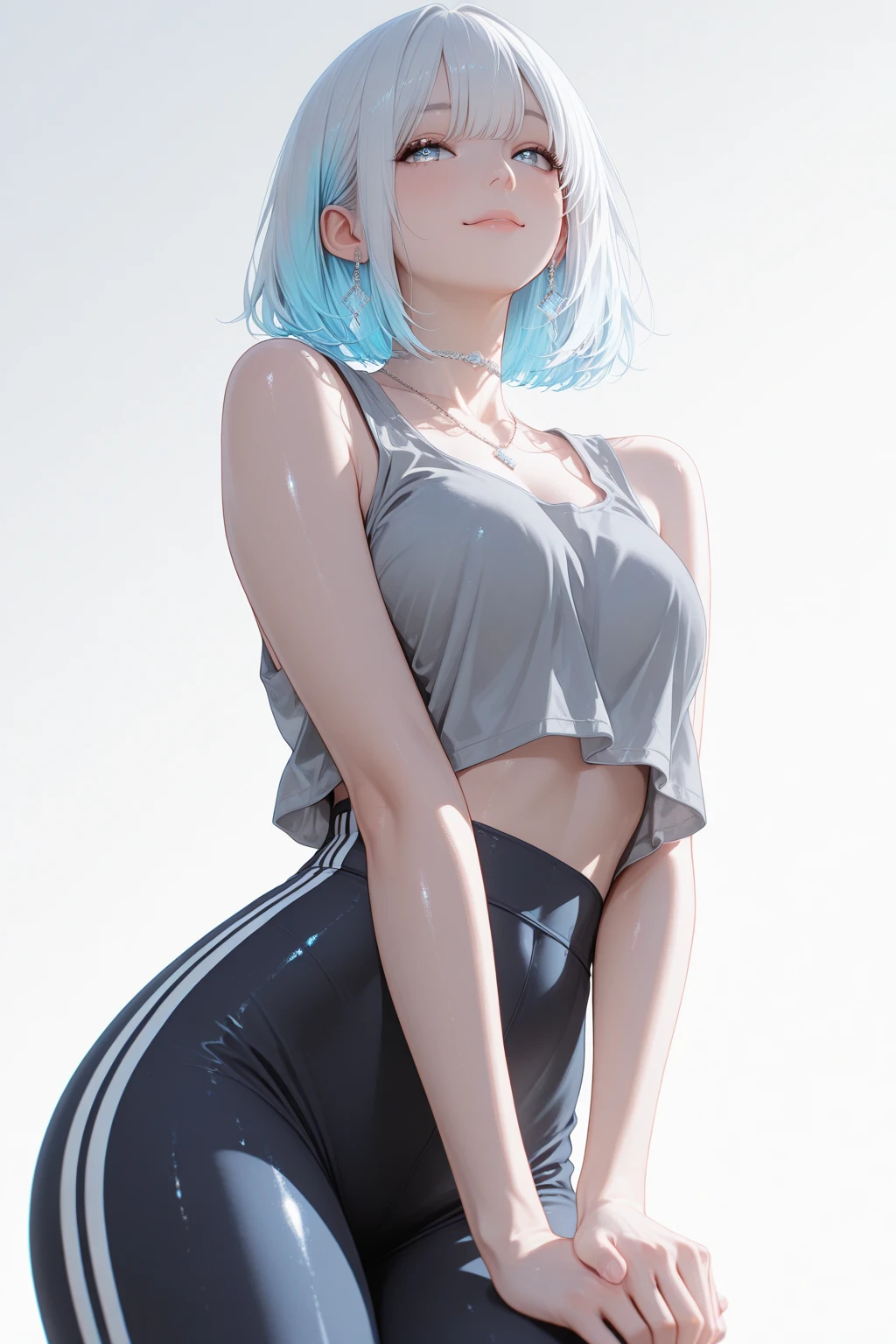 1 girl, Alone, beautiful androgynous bimbo girl, short green hair, beautiful, short, tanned skin, , Hispano, just pending, white shirt, parts, beautiful, 20 year old woman, beautiful, blushes1 girl, {Alone}, Upper part of the body ,{{ {looking at the viewer}}}, arm at the side, conceptual art, white bottom, simple bottom, Best Quality, Masterpiece, Dynamic Angle, _bottom, backlighting, absurdities, High resolution, ultra detailed, by the chestnut, brown eyes, just clothes, scarf.short pants , smilling