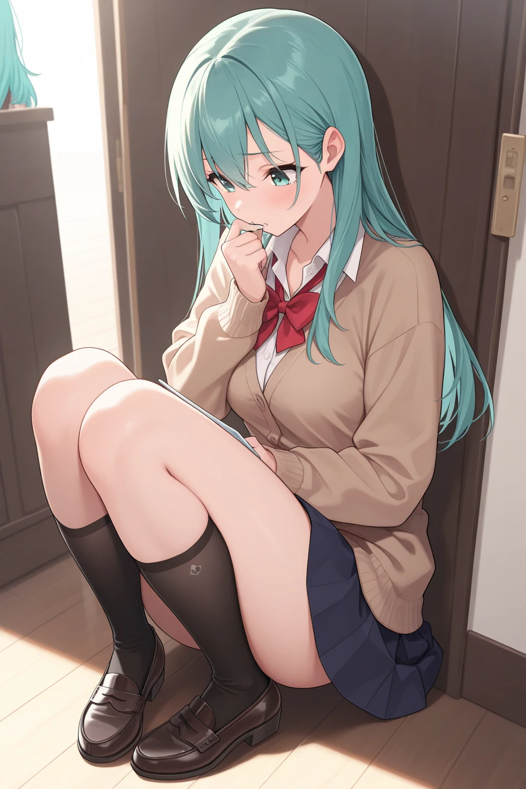 highest quality、masterpiece、((1 girl:1.5))、(())、(blush:1.5)、(smile:1.5)、((fun!!))、cute、dog ears、(silver hair)、、high school girl、((classroom:1.5))、()、、Kamimei、look at me、(No :1.3)、((:1.5)), ((red bow tie, , black jacket, , white cardigan, white shirt, black skirt, plaid skirt、black socks))、 (No :1.3)、((:1.5))、(highly detailed closed :1.5)、(( is coming out:1.8))、peeing、light blue eyes、long hair