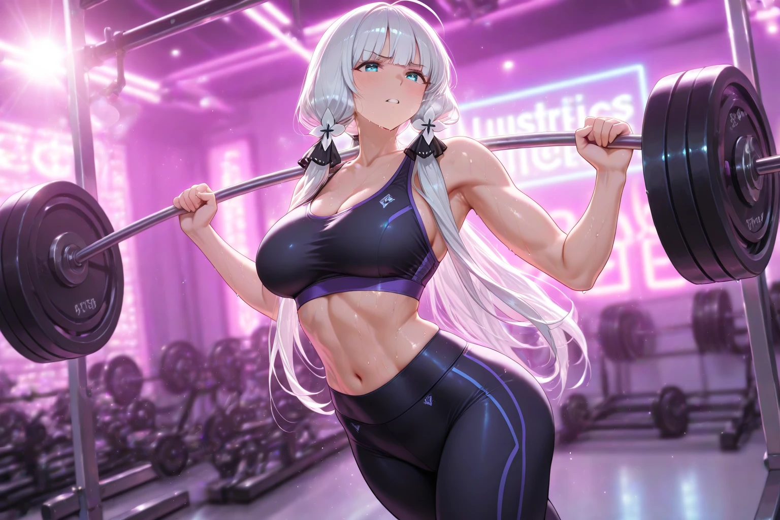 gym, exersice, workout, hot, sweating, sweaty, big ?????, lifting, yogapants, black yogapants flustered, blush, black clothes, see thru, white hair, long hair, yogapants, pink headband , ???? body, lean body, headset, headphones, lifting, heavy lifting, trying to lift heavy weight, clenched teeth, heavy lifting, white hair,