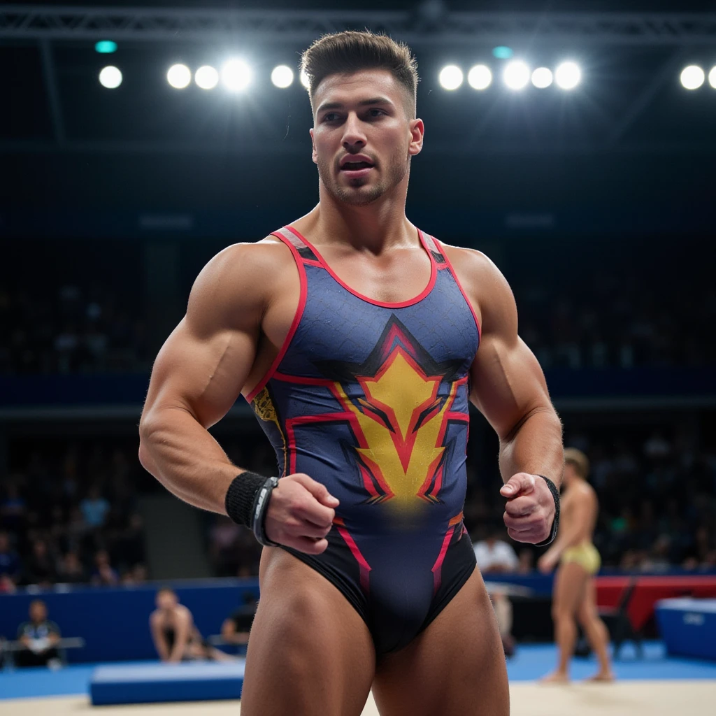 Five characters on the scene, boys are wrestling at the same time in a competition with the audience, sweaty, oily skin, viscous white fluid running down their bodies,  expressions, the five of them, nicebulge, wrestling singlet.