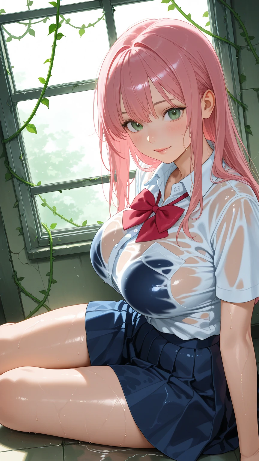 (Best Quality, 4K, 8K, hight resolution, masutepiece:1.2), Pink hair、bobhair、her breasts are beautiful and big。Spread your  on a single chair and put your butt on the stand.。facing front。The most beautiful pubic area with hair is opened using hands。My clothes include my school tie and Y-shirt with a few buttons undone.。sheer green 。